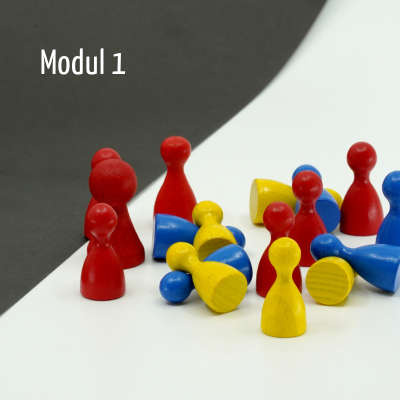 Mehrere rote, gelbe und blaue Spielfiguren aus Holz auf weißem und schwarzem Untergrund, daneben der Text 'Modul 1'